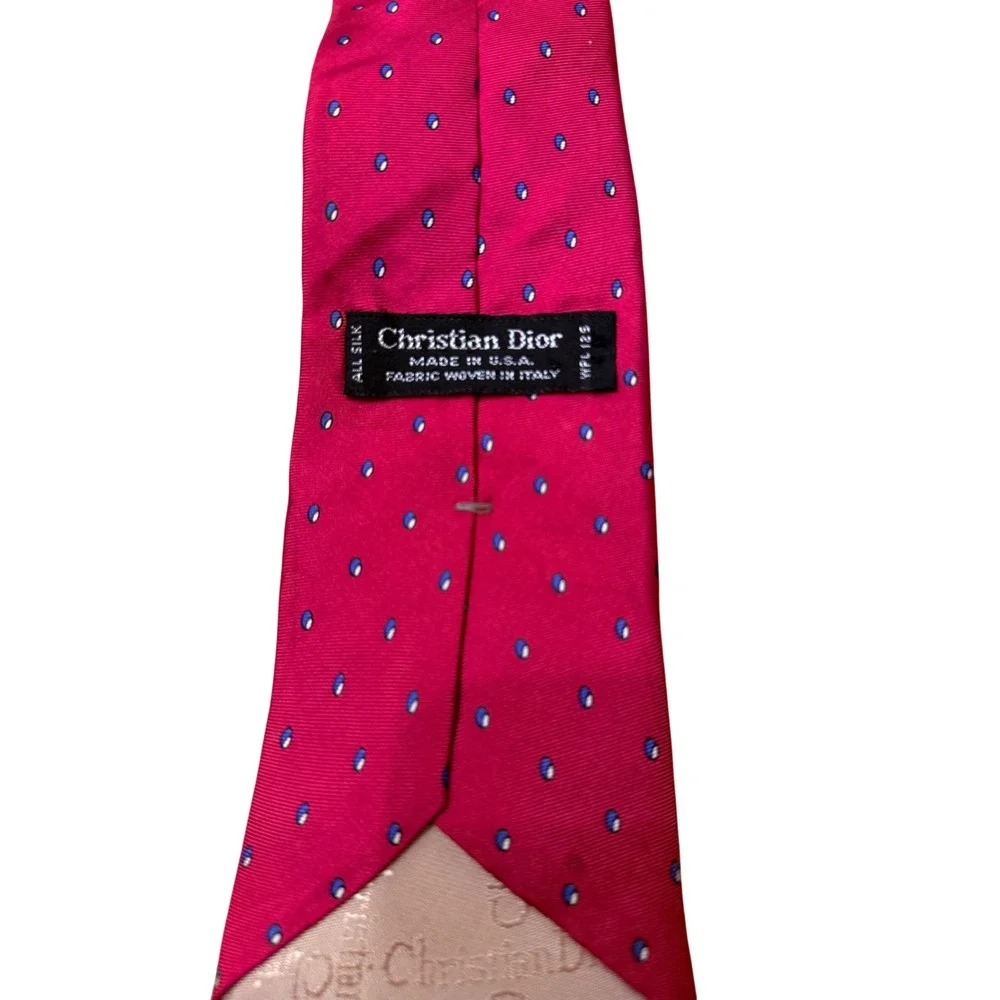 Vintage Christian Dior Mens Silk Tie Magenta Blue Micro Pattern Woven in Italy